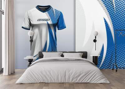 Sport jersey design template mockup curve line for football soccer, racing, running, e sports, blue white color Wall mural