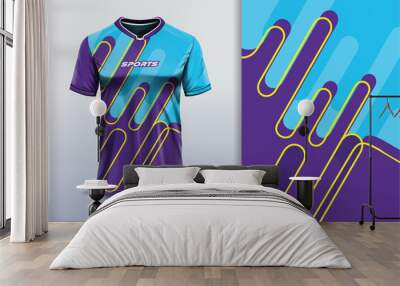 Sport jersey design template mockup curve line for football soccer, running, esports, blue purple gold color Wall mural