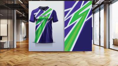 Sport jersey design template mockup stripe line racing for football soccer, running, esports, green white blue color Wall mural