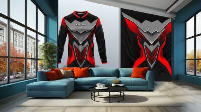 Sport jersey long sleeve template mockup curve line abstract design for motocross motorcycle football soccer, racing, e sports, red black color Wall mural