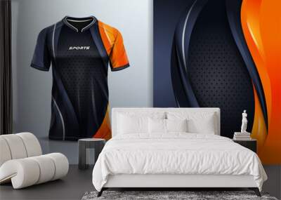 Sport jersey template mockup curve design for football soccer, racing, running, e sports, black orange color Wall mural