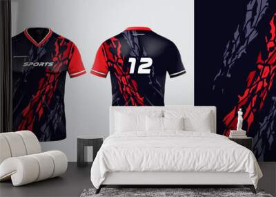 Sport jersey template mockup grunge abstract design for football soccer, racing, gaming, black red color Wall mural