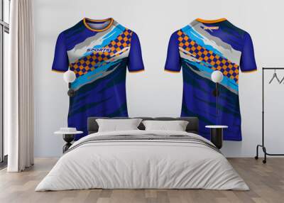 Sport jersey template mockup grunge checkered combination abstract design for football soccer, racing, running, blue orange color Wall mural