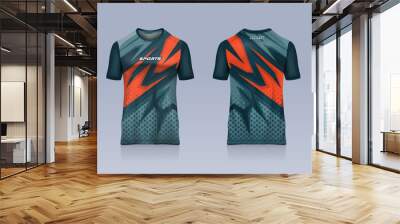 Sport jersey template mockup stripe abstract design for football soccer, racing, running, orange green color Wall mural