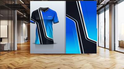 Sport jersey template mockup stripe design for football soccer, racing, running, e sports, blue black color Wall mural