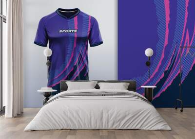 T-shirt mockup with abstract curve line grunge rustic racing jersey design for football, soccer, racing, esports, running, in purple color Wall mural