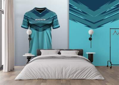 T-shirt mockup with abstract stripe line jersey design for football, soccer, racing, esports, running, in green color Wall mural