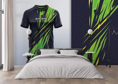 T-shirt mockup with abstract stripe line racing jersey design for football, soccer, racing, esports, running, in green yellow color	 Wall mural