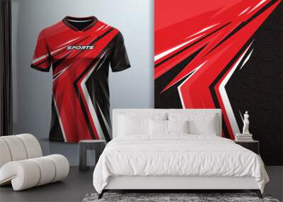 T-shirt mockup with abstract stripe line racing jersey design for football, soccer, racing, esports, running, in red color	 Wall mural