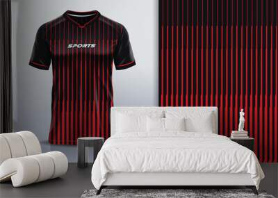 T-shirt mockup with abstract stripe line sport jersey design for football, soccer, racing, esports, running, in black red color Wall mural