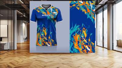 Tshirt mockup abstract grunge sport jersey design for football soccer, racing, esports, running, yellow orange blue color Wall mural