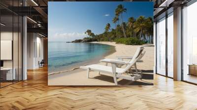 beach chairs and umbrellas, Two wooden lounge chairs and a white umbrella on a pristine beach; clear turquoise water. Beautiful tropical sunset scenery, two sun beds, loungers, umbrella under palm tr
 Wall mural