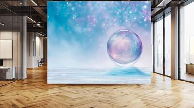 Blue crystal ball with fog inside on a blue foggy, shiny background on a pile of blue sand. Copy space. High quality illustration Wall mural