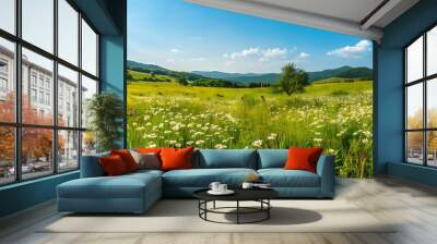 Daisies in Bloom in Hilly Countryside Landscape Wall mural