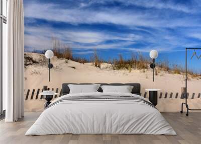 drifting sand dunes covering a wooden fence on a sunny day at cape henlopen state park near rehoboth beach, delaware Wall mural