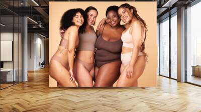 Diversity, body positive and portrait of women group together for inclusion, beauty and power. Aesthetic model people or friends on beige background with skin glow, pride and motivation for self love Wall mural