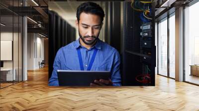 Tablet, man and engineer in server room on research for programming at night. Information technology, inspection and technician in data center reading, network maintenance or typing code for software Wall mural