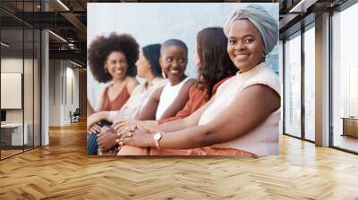 Black woman, portrait smile and waiting room with team in collaboration for hiring or recruitment in row at office. Creative African female smiling in teamwork, leadership or management for startup Wall mural