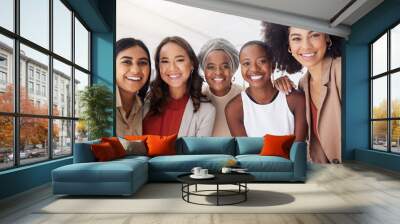 Business people in portrait, selfie and happy team, work together and professional group with collaboration. Friends smile in picture, trust and diversity with women and support with female employees Wall mural