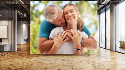 Garden, marriage and retirement couple hug for love and affection in caring relationship together. Romantic, happy and elderly new zealand people smile enjoying embrace in nature for leisure break. Wall mural