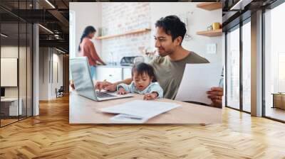 Man, baby or laptop finance in house or home kitchen and insurance paper, investment documents or fintech accounting software. Happy smile, asian father and down syndrome boy, son and child with tech Wall mural