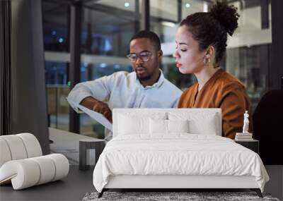 Teamwork in New York office at night, business document reading together and professional accounting report. Black man with financial audit, showing latino woman figures and employee collaboration Wall mural