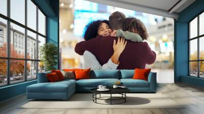 Travel, family and hug in airport, reunion and happiness for international trip, getaway and cheerful. Love, man and woman with child, kid or goodbye for traveling, embrace or departure with greeting Wall mural