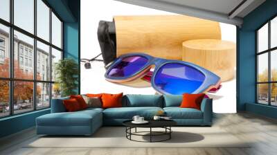 Wooden blue sunglasses kit. Summer fashion style Wall mural