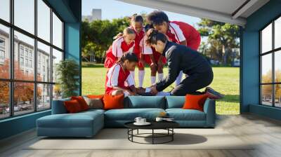 Accident, injury and children soccer team with their coach in a huddle helping a girl athlete. Sports, first aid and kid with a sore, pain or muscle sprain after a match on an outdoor football field. Wall mural