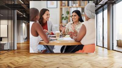 Business women, meeting and discussion in office, brainstorming or planning. Cooperation, teamwork and collaboration for group happiness of employees, staff or people talking or speaking with leader. Wall mural