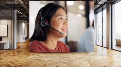 Call center, woman and phone call, contact us with CRM, customer service or telemarketing sales, conversation and technology. Communication, headset and female call centre employee, help and computer Wall mural