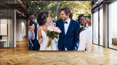 Celebration, applause and wedding bride and groom with happy, excited and cheerful guests. Interracial love and happiness of couple at marriage event together with clapping and joyful smile. Wall mural