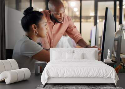 Collaboration, human resources and training with a business black woman talking to her manager or supervisor at work. Teamwork, meeting and management with a man and female employee in the office Wall mural