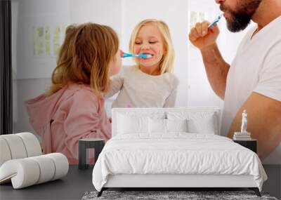 Father, kids and brushing teeth dental healthcare, cleaning and bathroom hygiene in family home. Happy dad teaching young girl children oral wellness with toothpaste, toothbrush and healthy lifestyle Wall mural