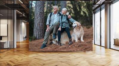 Forest, hiking and old couple with dog sitting on rock in mountains in Peru on retirement holiday adventure. Travel, senior man and woman relax together on nature walk with love, Labrador and health. Wall mural