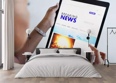 Hands, tablet and news with a woman reading on a website and doing research on current events. Headline, article and information with the hand of a female user browsing the internet with an app Wall mural