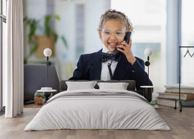 Portrait, children and telephone with a business girl playing in an office as a fantasy employee at work on a laptop. Kids, phone call and a child working at a desk while using imagination to pretend Wall mural