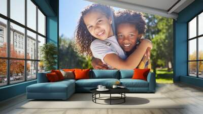 Portrait, kids and friends hugging in a park together for fun, bonding or playing in summer. Hug, children or diversity with girl and boy best friends embracing in a garden during the day Wall mural