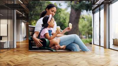 Summer, garden and ice cream with a mother and daughter bonding together while sitting on a bench outdoor in nature. Black family, children and park with a woman and girl enjoying a sweet snack Wall mural