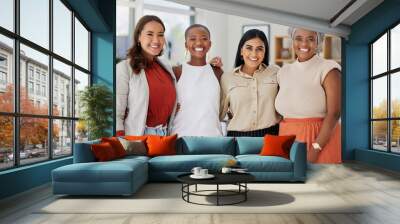 Team, diversity and business women, portrait and happy in meeting with collaboration and solidarity. Female group, confidence and happy employees, working together and support with trust in office Wall mural