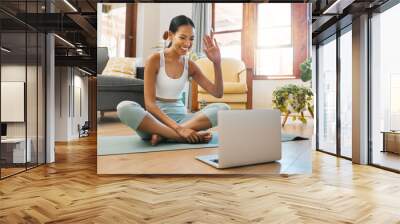 Yoga, video call or happy woman on laptop online class, video call or webinar in holistic fitness or wellness. Wave, smile or girl in pilates class to start exercise or workout at home on computer Wall mural