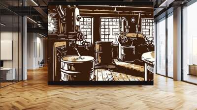 Rustic Brewery Charm, Vintage Distilling Room Etching, Design Illustration, Background for Beverage Branding, Historical Pub Themes, and Craft Beer Brewing, Winery, Cheese Making Wall mural