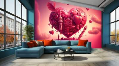 Valentine's day background. Huge abstract pink heart in the clouds 3D Illustration Wall mural