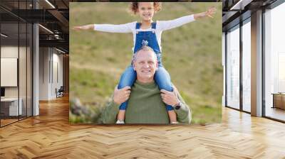 Love, airplane and portrait of old man and granddaughter in nature for freedom, travel and holiday. Bonding, happiness and energy with people in countryside for game, family and support together Wall mural