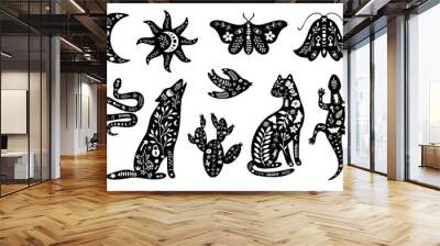 Set of black silhouettes with white floral elements. Moon, sun, animals, wolf, cat, lizard, cactus, moth, bird, snake. Wall mural