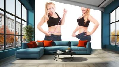 Before and after a diet, girl surprised by measuring waist Wall mural