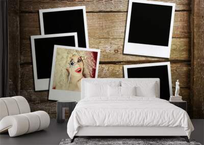 Retro photo frames on wood Wall mural