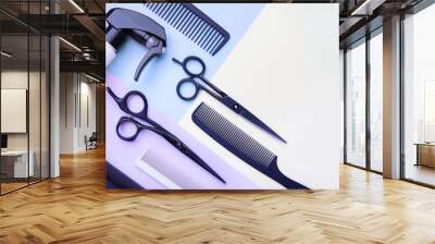 Stylish professional barber scissors and combs, hairdresser salon concept, hairdressing tool set. Haircut accessories Wall mural