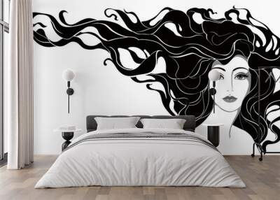 monochrome portrait of a woman with long hair Wall mural