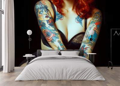 Beautiful girl with  tattooed arms,, Wall mural